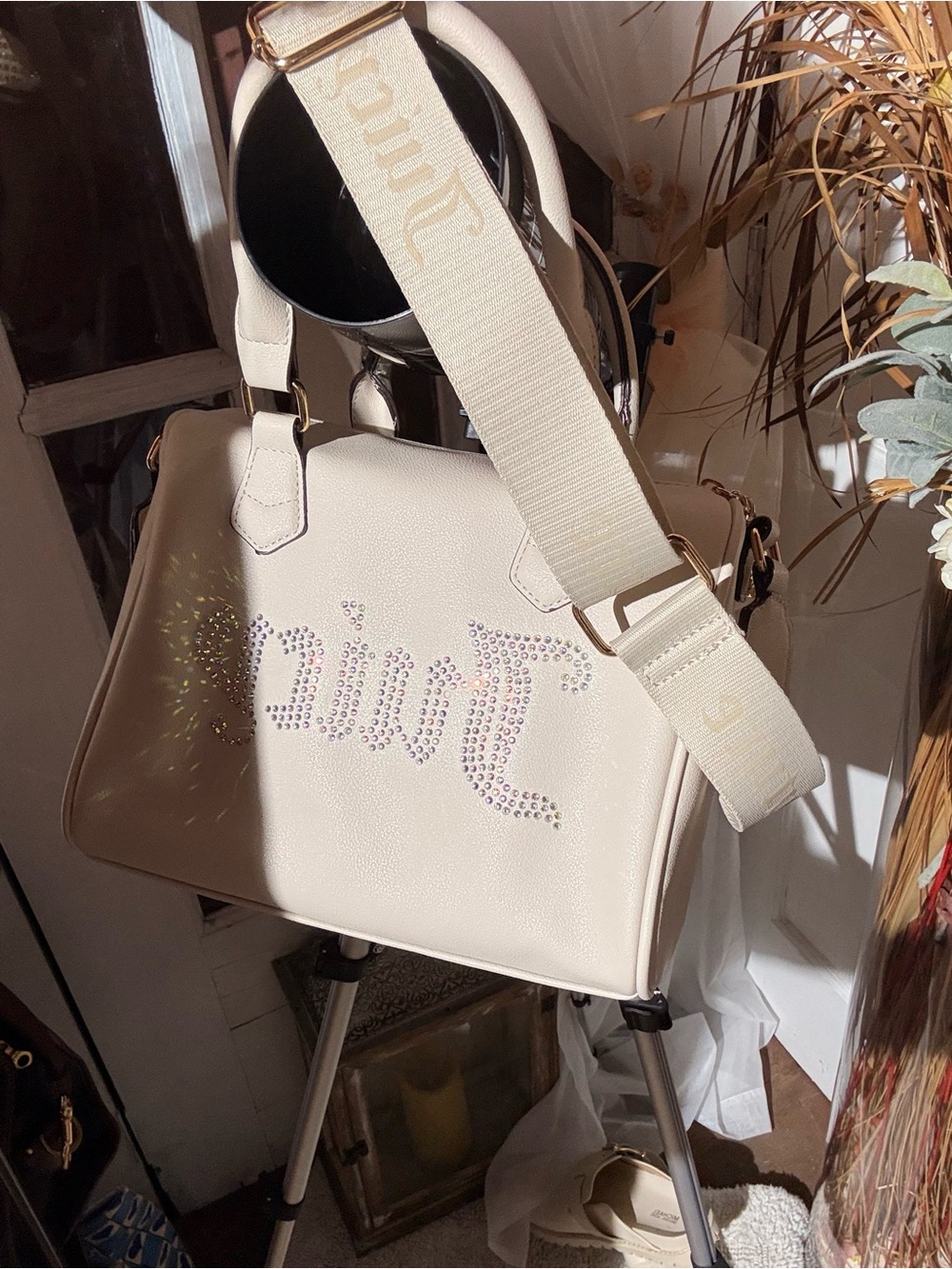 Juicy Couture Cream Rhinestone Script Crossbody Satchel